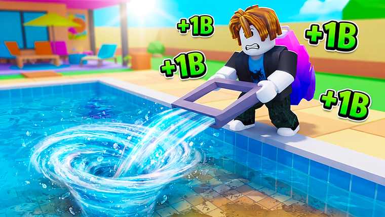 A player on a pool deck holding a purple rectangular drain frame that pulls a glowing blue whirlpool out of a swimming pool, surrounded by plus one billion labels